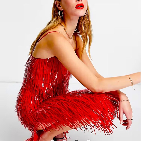 NWT ASOS DESIGN shard detail midi dress with sheer waist detail in red size US 4 - Picture 1 of 9